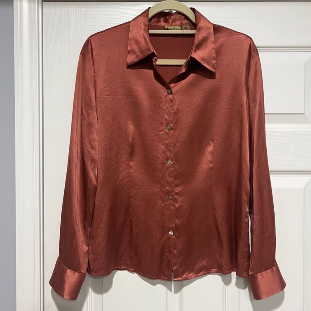 Caslon Rust Copper Pointed Collar Silk Long Sleeve Button-Down Blouse Top Medium - Picture 5 of 12